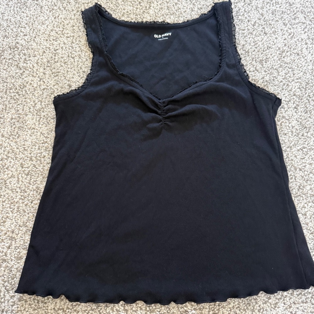 Womens L Old Navy Black Ribbed Lace Trim Tank Top Cinched Bust Lettuce Hem y2k